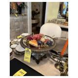 ORNATE GLASS & PLASTER BOWL WITH ARTIFICIAL FRUIT