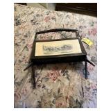 VINTAGE FOLDING MAGAZINE RACK WITH HORSE & CARRIAG