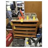 WOOD & GLASS DRESSER WITH 5 DRAWERS ON WHEELS