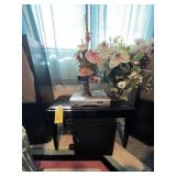 ASSORTED - 2- ARTIFICIAL FLOWERS / 1- BLACK BENCH