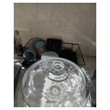 LOT ASSORTED - CAKE STAND, CUPS, PLATES, DISH DRAI