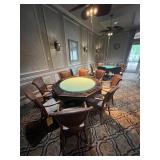 WOOD / WICKER CHAIRS WITH BLUE & TAN FABRIC SEATS
