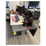 GRAY ADJUSTABLE HEIGHT DESK WITH BLACK LEATHER CHA