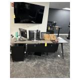 GRAY & BLACK DESK WITH BLACK ROLLING OFFICE CHAIR