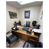 LOT - WOOD DESK, CABINET, 2 BLACK LEATHER CHAIRS &