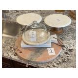 ASSORTED CUTTING BOARDS W/CAKE HOLDERS