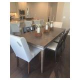 BROWN WOOD DINING TABLE W/ 6 UPHOLSTERED MADISON