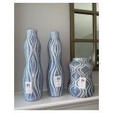 DECO LIGHT BLUE & WHITE VASES 3PC 15"H, 15"H, 9"H