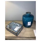 DECO BLUE BOX 8" X 6" & BLUE VASE 9"H 2PC