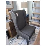 DK GRAY UPHOLSTERED WING BACK CHAIR W/ NAILHEADS