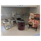 Canisters, glass dispenser, soups book