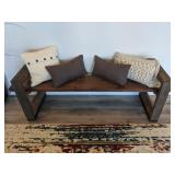 5pc-wood bench with brown & beige throw pillows