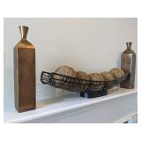 3pc-bronce bottles & metal long vase with orbs