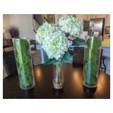 3pc-hidrangea & tall glass vases with greenery