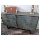 blue waived wood console with 4 doors