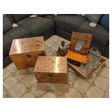wood tray w/glasses, copper frame & storage boxes