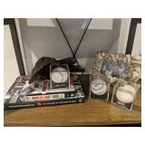 baseball frame, books, globe & balls