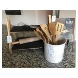 UTENSILS, COOKBOOK & 2 TIERED SERVER