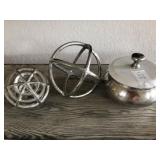 2 PC METAL ORBS & STONE LIDDED PEWTER DISH