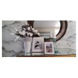 4PC-SILVER FRAME SET, GLASS CANDLE HOLDER, & GREY