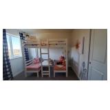 WHITE BUNK BED W/DOUBLE-BENCH & BEDDING (BLANKET,