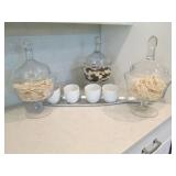 (3) GLASS CANISTERS (4) CUPS W/SERVING TRAY