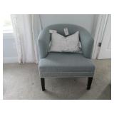 LIGHT BLUE STUDDED ARM CHAIR W/WHITE PILLOW