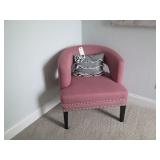 PINK ARM CHAIR W/LEATHER LIKE GRAY PILLOW