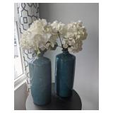 HYDRANGEAS IN TALL BLUE CERAMIC VASES
