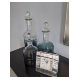 4PC-BLUE GLASS BOTTLES & CLOCK