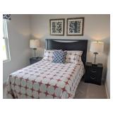 RED & WHITE BEDDING WITH BLUE PILLOW