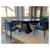 DARK WOOD OVAL TABLE W/ 6 TEAL CHAIRS