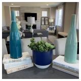 TEAL VASE SET, FAUX SUCCULENT, & BOOK LOT