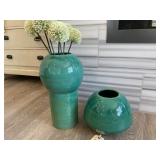 AQUA VASE SET W/FAUX FLORAL