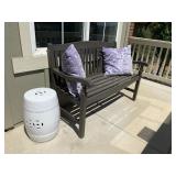 WOOD BENCH W/PILLOWS & WHITE SIDE TABLE