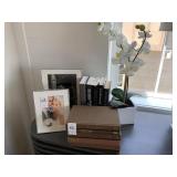 SILVER FRAMES, BOOKS, & FAUX ORCHID