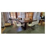 7PC-WOOD "TRADITIONS" TABLE W/IVORY CHAIRS