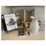 COOKBOOKS, BASKET & PITCHER