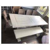 DINING TABLE, BENCH & 5 CHAIRS