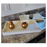 WHITE TRAY, GLASSES & BRONZE FRUIT