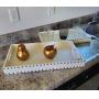 WHITE TRAY, GLASSES & BRONZE FRUIT