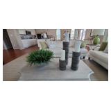 4PC-WOOD CANDLE HOLDERS W/FAUX PLANT