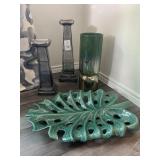 CANDLEHOLDERS, VASE & TRAY