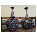 2PC BLUE METAL CANDLE HOLDERS