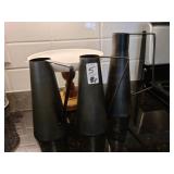 3 METAL PITCHERS & CAKESTAND