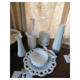 Milk glass: lace cut out dish - duck dish - vases