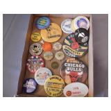 Flat full of pinback pins, several Iowa Hawkeyes Flat full of pinback pins, several Iowa Hawkeyes