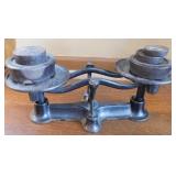 Vintage cast iron balance scale with 5 weights, Vintage cast iron balance scale with 5 weights,