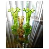 Pair of 8' green enameled vases - 7' enameled bud Pair of 8' green enameled vases - 7' enameled bud