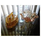 Amber flat iron covered dish, chipped - amber Amber flat iron covered dish, chipped - amber